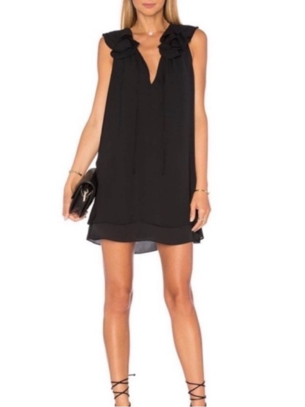 Amanda Uprichard Belle Black Ruffled Sleeveless V-neck Shift Mini Dress size M